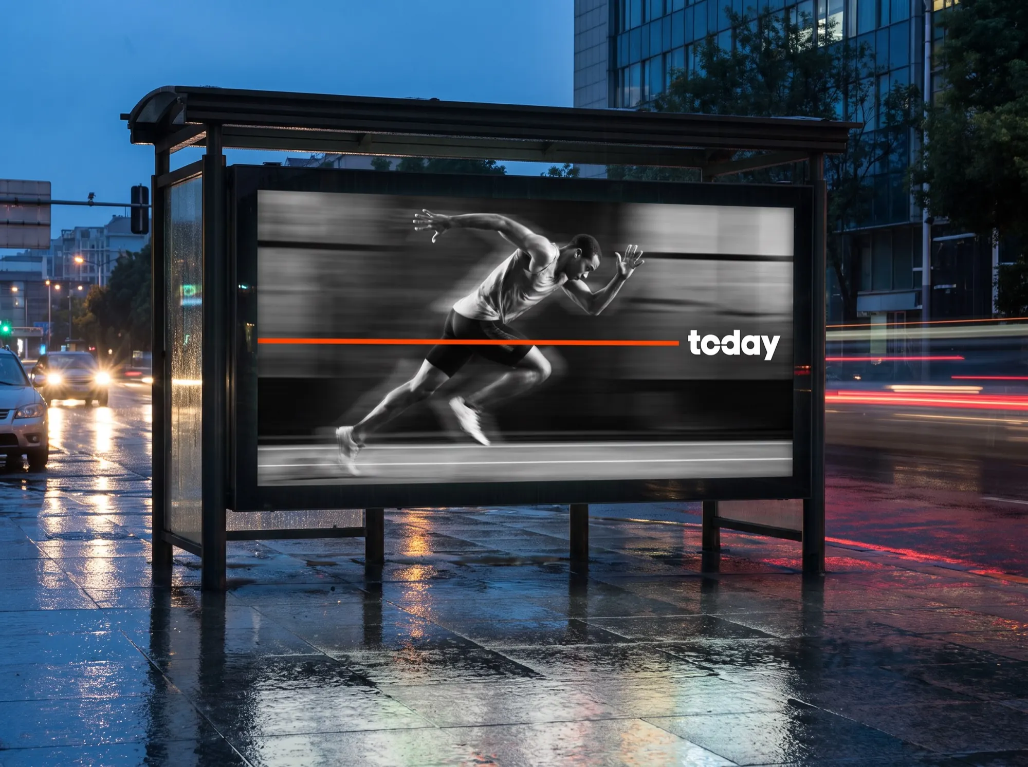 Bus-shelter poster at blue hour.